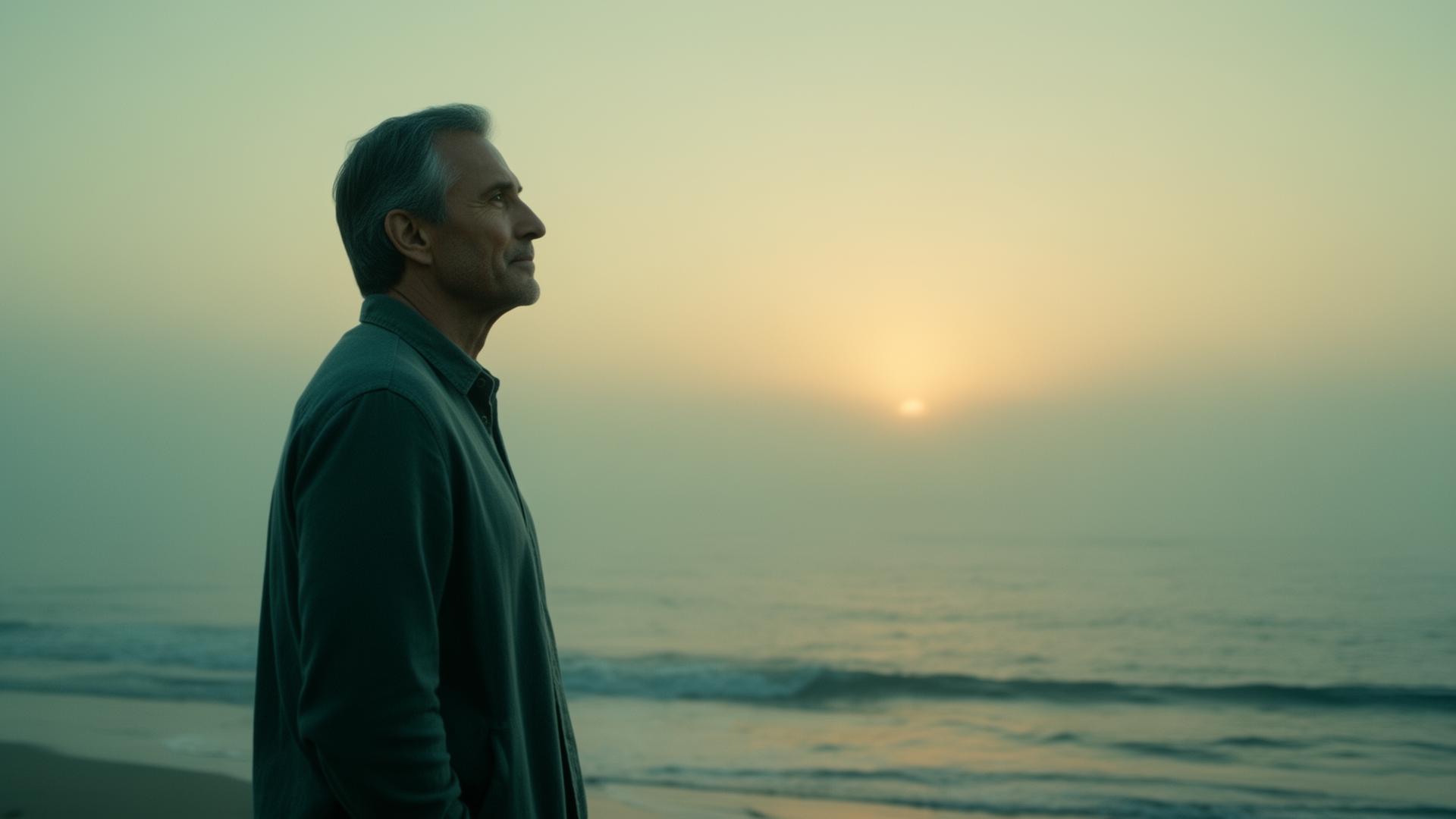 Mann am ruhigen Meer bei Sonnenaufgang